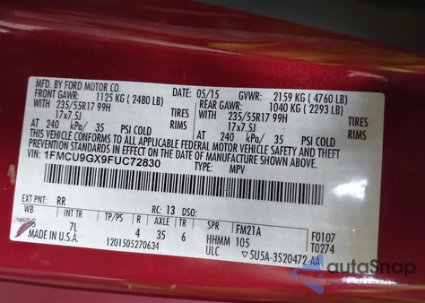 2015 Ford Escape Se from USA, damaged, VIN 1FMCU9GX9FUC72830